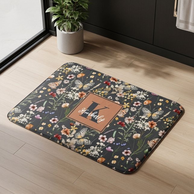 Charcoal Gray Boho Floral Monogrammed Bath Mat (Creator Uploaded)