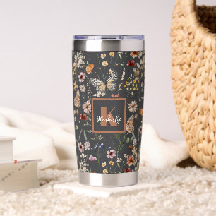 Charcoal Gray Boho Floral Monogrammed Insulated Tumbler