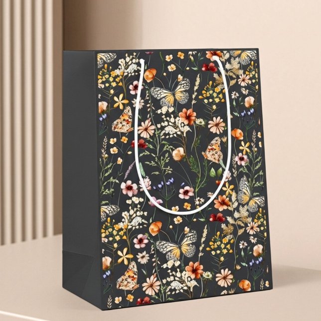 Charcoal Gray Boho Watercolor Wildflowers  Medium Gift Bag (Creator Uploaded)