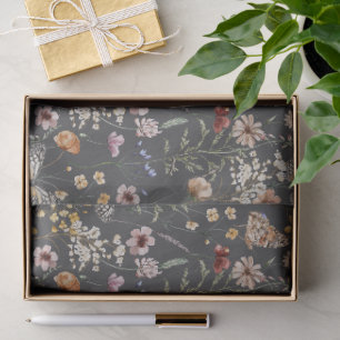 Charcoal Gray Boho Watercolor Wildflowers  Tissue Paper