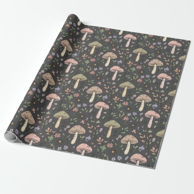 Charcoal Gray Earthy Fungi Seamless Pattern Wrapping Paper (Unrolled)