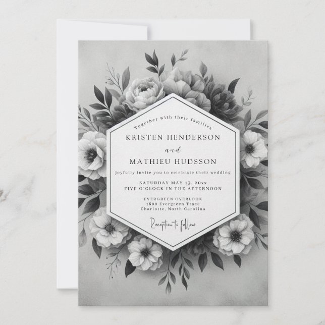 Charcoal Gray Grand Botanical Wedding Invitation (Front)