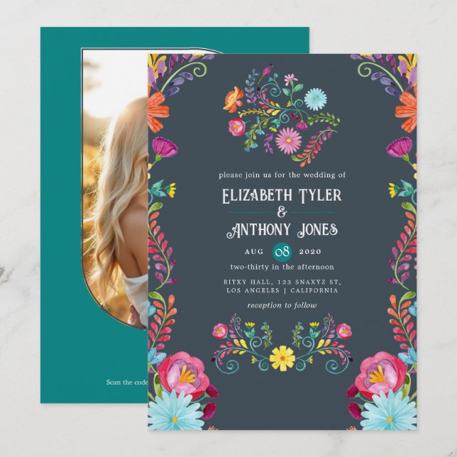 Charcoal Gray & Teal Floral Mexican Fiesta Wedding Invitation (Front/Back)