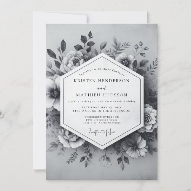 Charcoal Gray Timeless Botanical Wedding Invitation (Front)