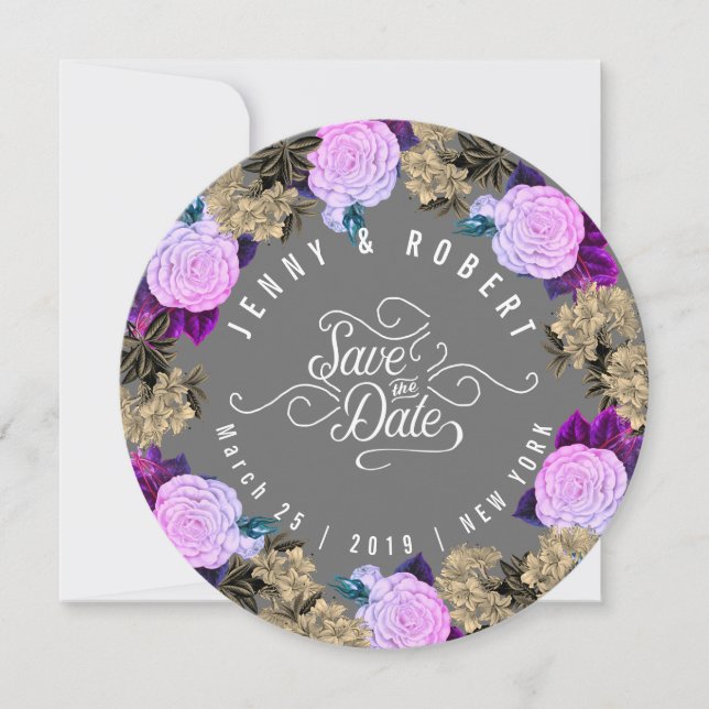Charcoal Gray, Vintage Floral Save The Date (Front)