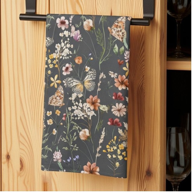 Charcoal Gray Watercolor Wildflowers Kitchen Towel (Creator Uploaded)