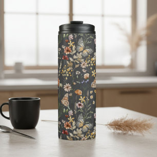 Charcoal Gray Watercolor Wildflowers Thermal Tumbler