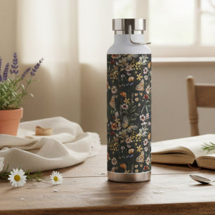 Charcoal Gray Watercolor Wildflowers  Water Bottle