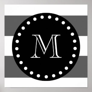 Charcoal Gray White Stripes Pattern, Black Monogra Poster