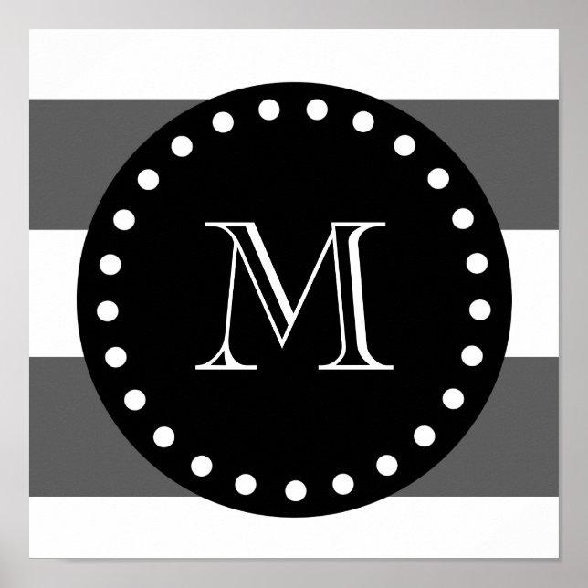 Charcoal Gray White Stripes Pattern, Black Monogra Poster (Front)