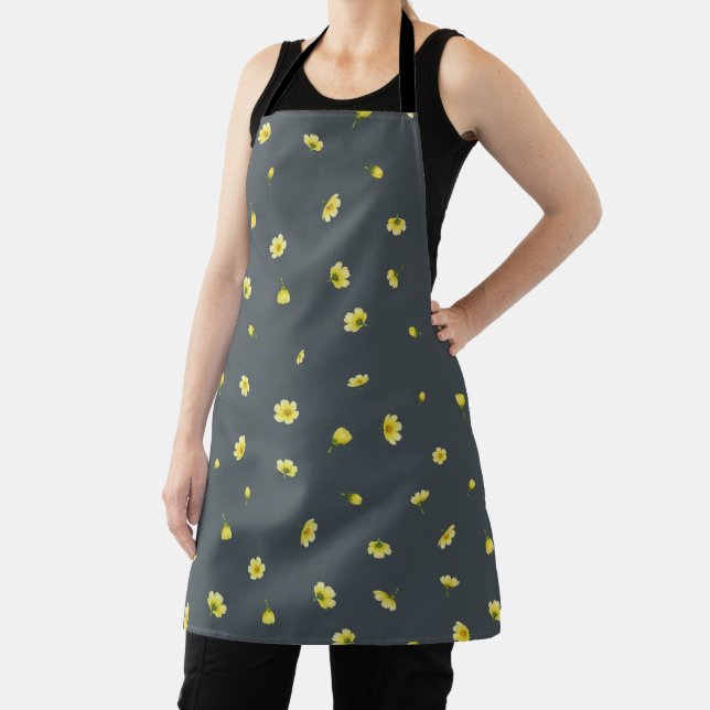 Charcoal Gray Winter Cosmos Floral Pattern Apron (Insitu)