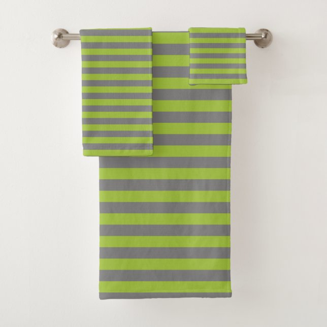 Charcoal Grey and Apple Green Stripes Bath Towel Set (Insitu)
