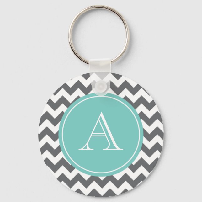 Charcoal Grey and Blue Chevron Custom Monogram Keychain (Front)