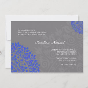 Charcoal Grey and Blue Damask Wedding Invitation