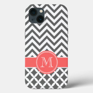Charcoal Grey and Coral Chevron Monogram iPhone 13 Case