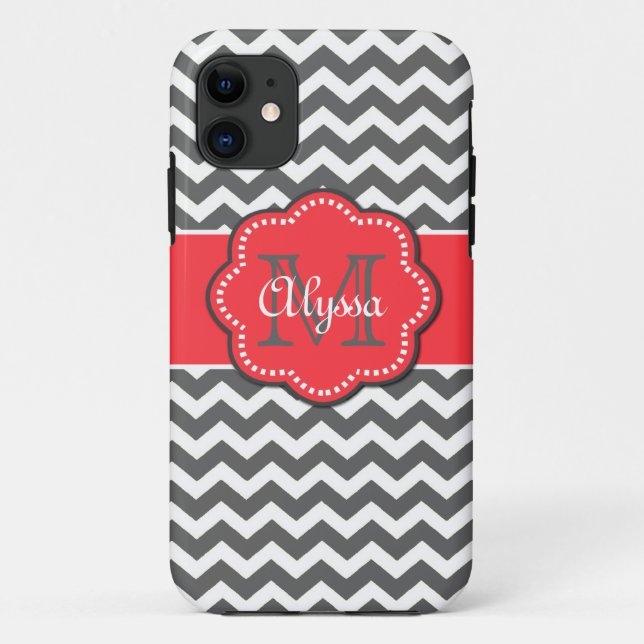 Charcoal grey and coral chevron personalized case (Back)