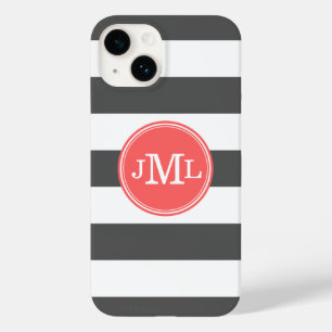Charcoal Grey and Coral Wide Stripe Monogram Case-Mate iPhone 14 Case