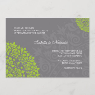 Charcoal Grey and Green Damask Wedding Invitation