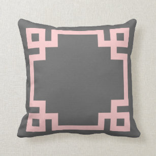 Charcoal Grey and Pink Greek Key Border Throw Pillow