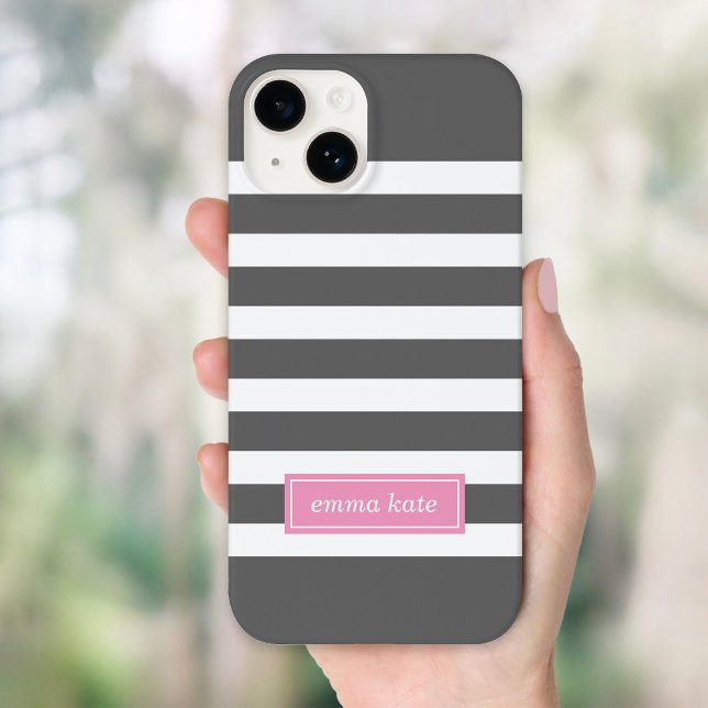 Charcoal Grey and Pink Preppy Stripes Monogram Case-Mate iPhone Case (Creator Uploaded)
