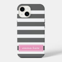 Charcoal Grey and Pink Preppy Stripes Monogram