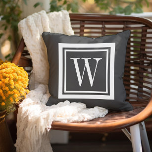 Charcoal Grey and White Classic Square Monogram Outdoor Pillow