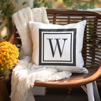 Charcoal Grey and White Classic Square Monogram Outdoor Pillow
