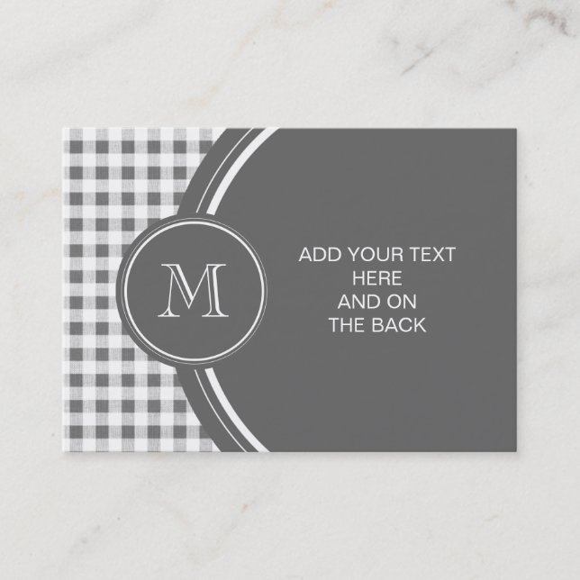Charcoal Grey and White Gingham, Your Monogram Business Card (Front)
