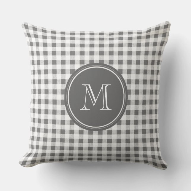 Charcoal Grey and White Gingham, Your Monogram Throw Pillow (Front)