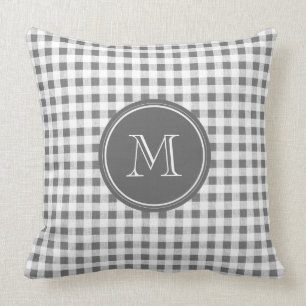 Charcoal Grey and White Gingham, Your Monogram Throw Pillow