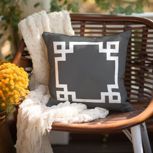 Charcoal Grey and White Greek Key   Editable Colou Outdoor Pillow