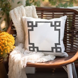 Charcoal Grey and White Greek Key Editable Colou Outdoor Pillow