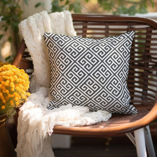 Charcoal Grey and White Greek Key Pattern Outdoor Pillow