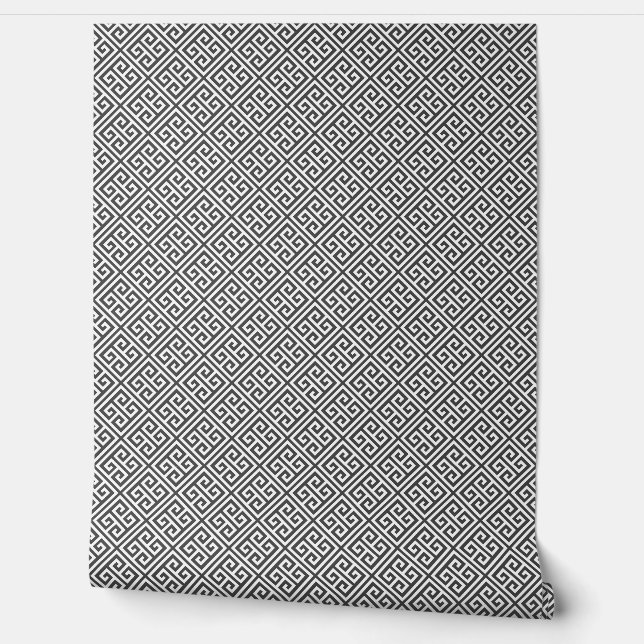 Charcoal Grey and White Greek Key Pattern Wallpaper (Unrolling)