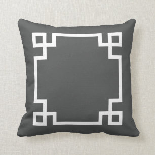 Charcoal Grey and White Greek Key Throw Pillow