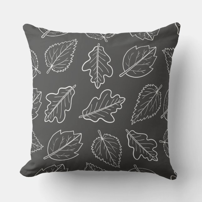 Charcoal Grey and White Leaf Pattern Throw Pillow (Front)