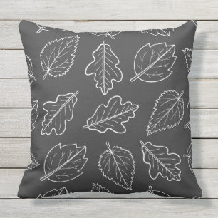 Charcoal Grey and White Leaf Pattern Throw Pillow