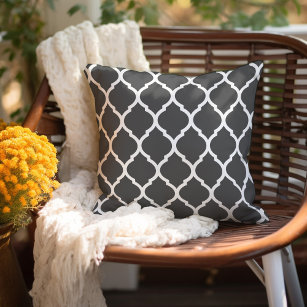 Charcoal Grey and White Moroccan Pattern Outdoor Pillow