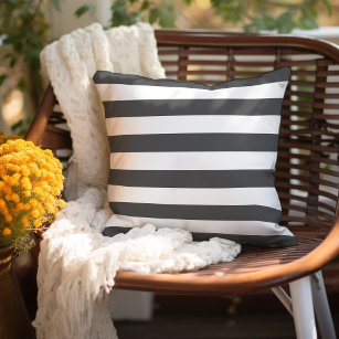 Charcoal Grey and White Stripes Outdoor Pillow