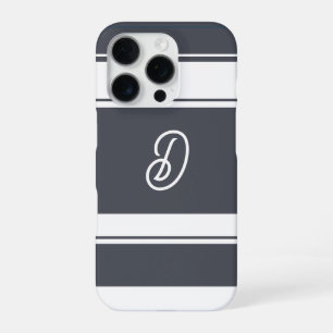 Charcoal Grey and  White Stripes Pattern Monogram iPhone 16 Pro Case
