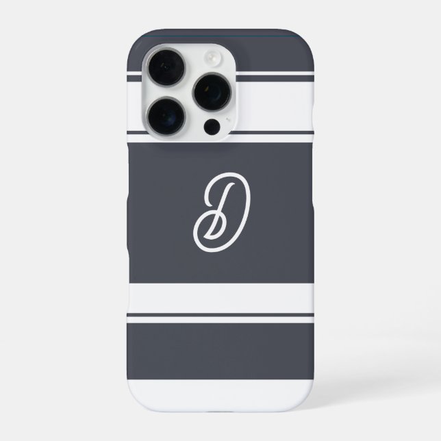 Charcoal Grey and  White Stripes Pattern Monogram iPhone Case (Back)