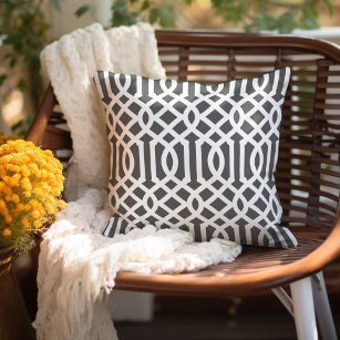 Charcoal Grey and White Trellis Pattern Outdoor Pillow