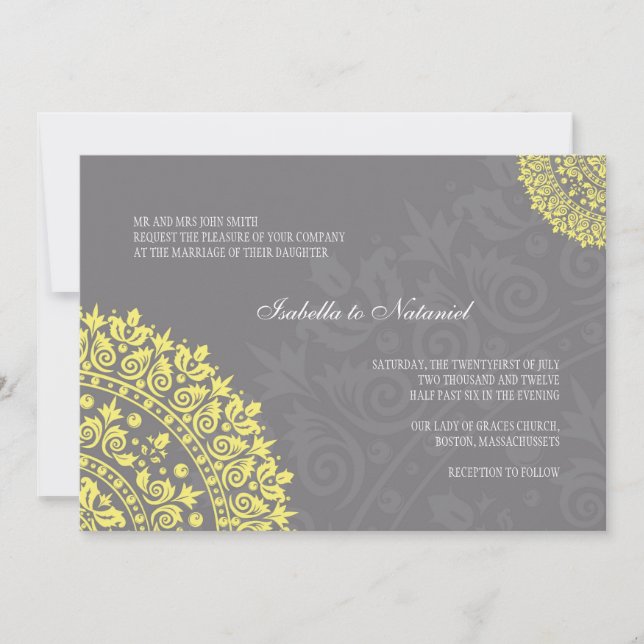 Charcoal Grey and Yellow Damask Wedding Invitation (Front)
