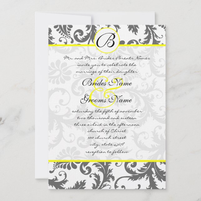 Charcoal Grey and Yellow Wedding Invitations (Front)