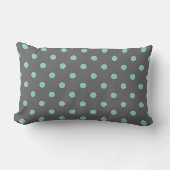 Charcoal Grey & Aqua Cute Modern Polka Dots Lumbar Pillow (Front)