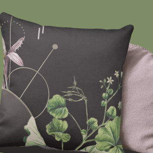 Charcoal Grey Artistic Abstract Botanical Throw Pillow
