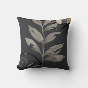 Charcoal Grey Artistic Watercolor Leaves Throw Pillow