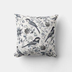 Charcoal Grey Bird Toile  Throw Pillow