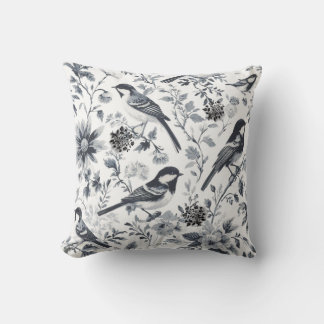 Charcoal Grey Bird Toile Throw Pillow