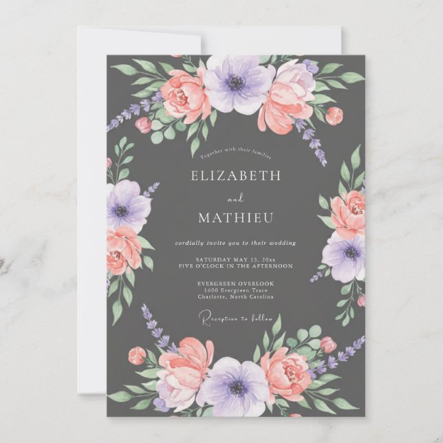 Charcoal Grey Bold Botanical Wedding Invitation (Front)
